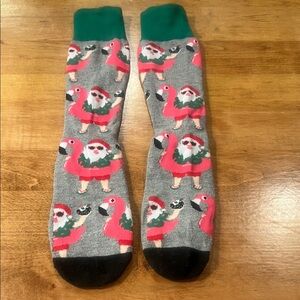 Festive Gray and Green Socks with Santa Flamingo Design - flamingo floatie!